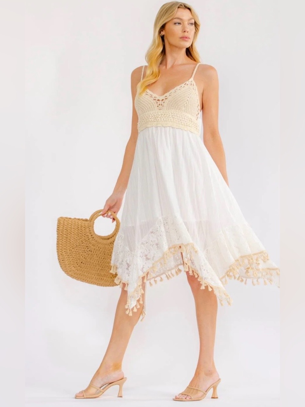 Boho Chic Sleeveless V-Neck Crochet Lace Tassel Midi Dress – Cream